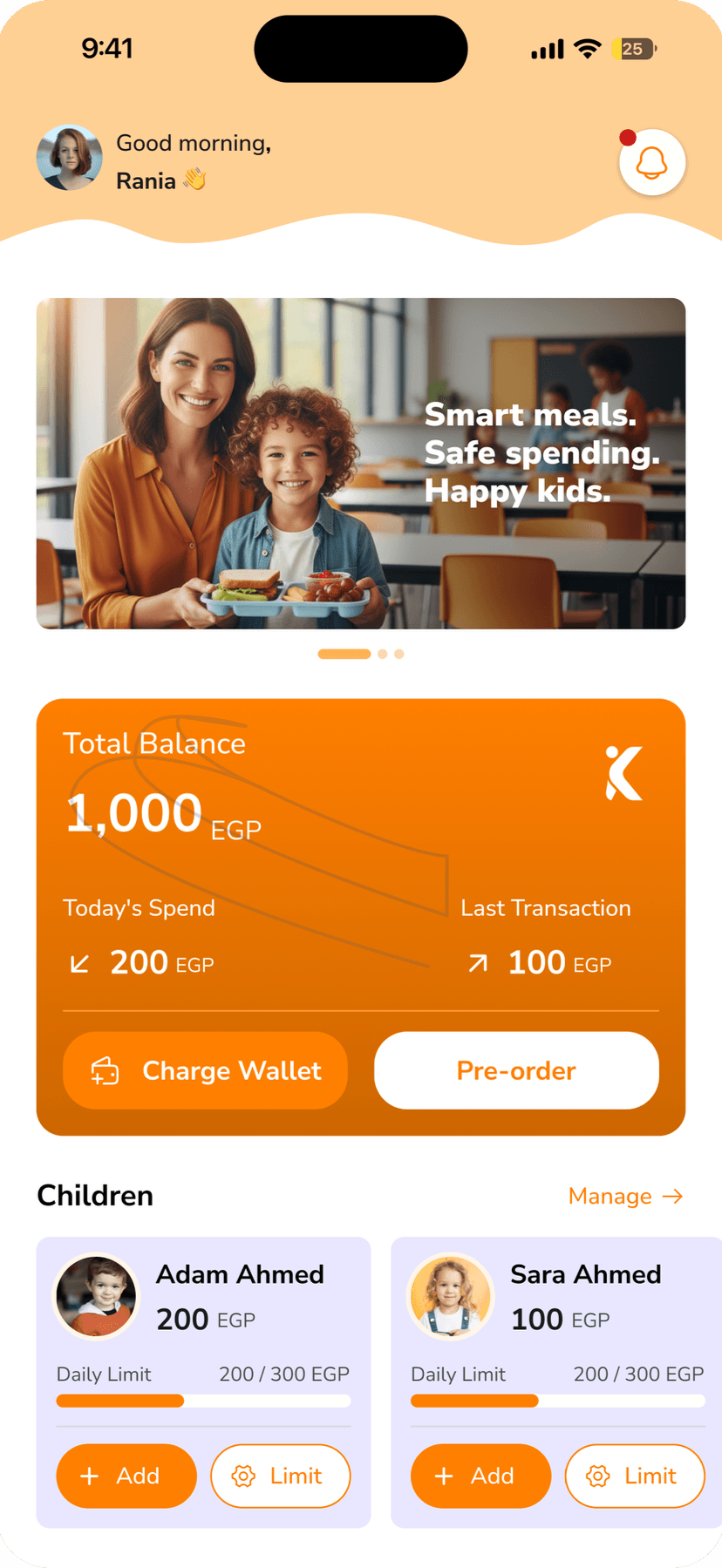 The ElKanteen parent app: a wallet balance in EGP with today's spend, and each child's balance against their daily limit.