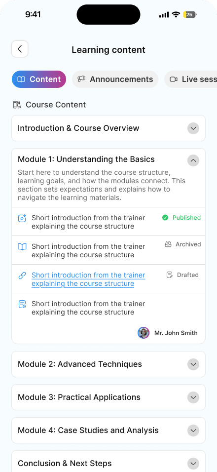 The Cognitech LMS course screen on a phone: modules expanded to show video, reading and document items, each with its publishing state.