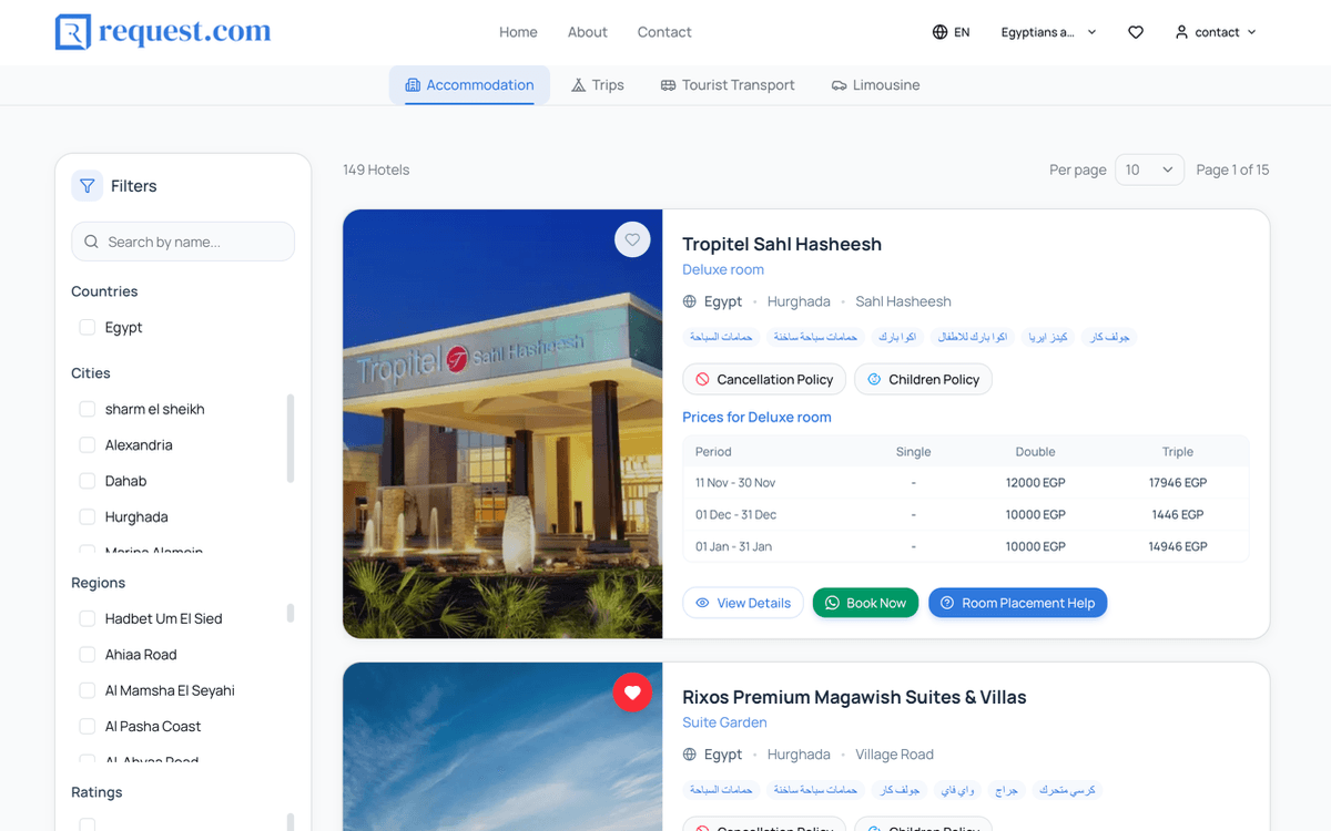The accommodation search: filters for city, region and rating beside hotel cards showing seasonal rates for single, double and triple rooms.