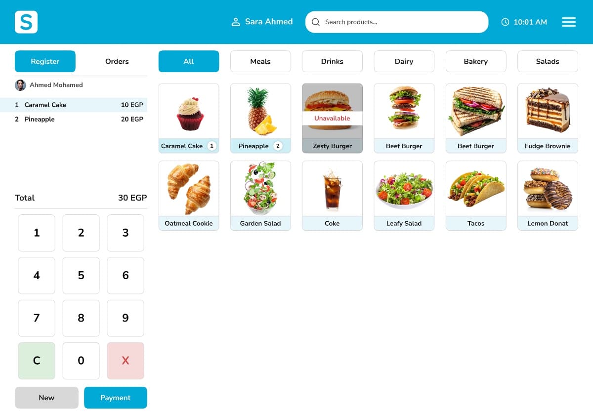 The Solvy POS register screen: products by category, an open customer order with its running total in EGP, and the payment keypad.