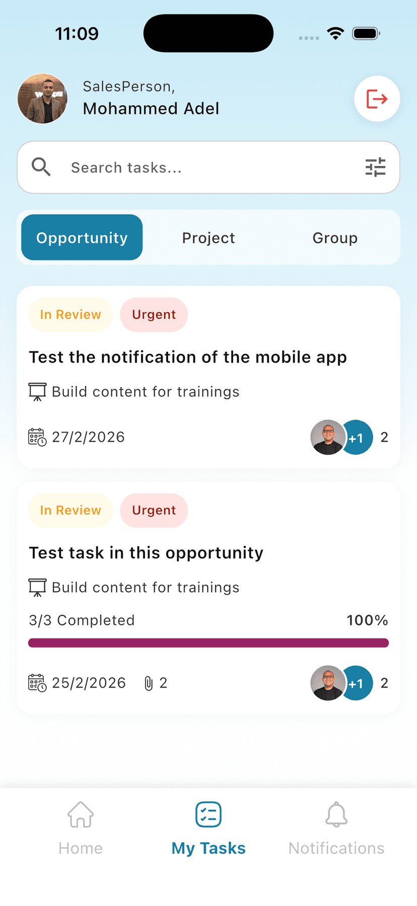 The workspace app on a phone: an employee's tasks, each card showing status, priority, due date, checklist progress and assignees.
